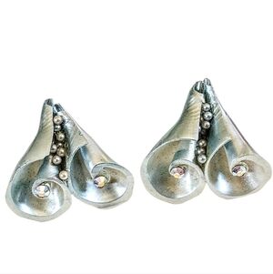 🐚 Vintage 50's Metallic Blue AB Rhinestone Pearl Floral Earrings